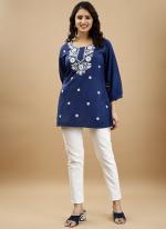 Rayon Blue Casual Wear Embroidery Work Readymade Kurti